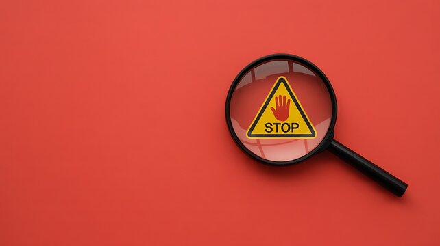 Urgent stop warning highlighted by magnifying glass on red background, calling for immediate action and attention to critical safety concerns and potential threats