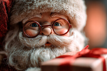 Close-up view of a Santa Claus figurine in sunglasses, representing a fun and modern twist on traditional Christmas decorations.