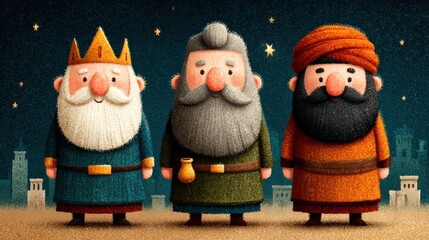 Three colorful cartoon wise men with beards under a starry night sky.