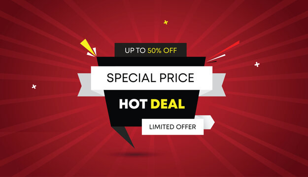 hot deal special price limited offer up to 50 percent off web banner vector art template design badge icon label white black gray shapes bold text dark red light sun shine abstract business background