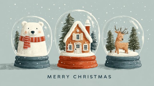 Three hand-drawn Christmas snow globes with a bear, house, and reindeer. - Powered by Adobe