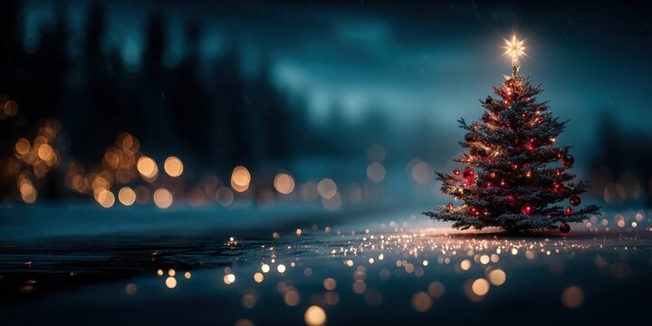 Glowing Christmas tree in a dark, mysterious forest with bokeh lights.
