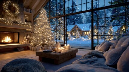 Cozy winter living room with fireplace, glowing Christmas tree, and snowy view.