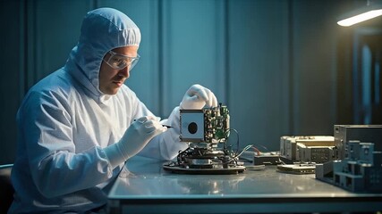 Scientist Assembling Complex Technology in Cleanroom Environment.