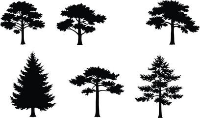 Tree silhouette collection, broadleaf and conifer, forest clipart, botanical vector set, nature design elements, black trees, minimal landscape shapes