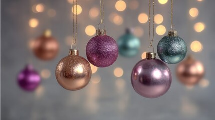 Festive pink and metallic Christmas baubles hanging Assorted matte and glossy Christmas ornaments hanging against bokeh background.