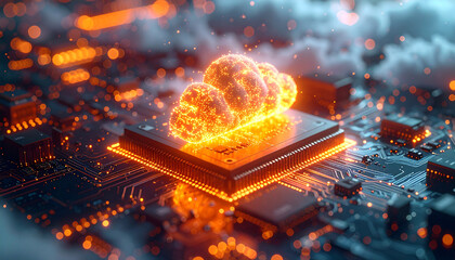 Illuminated Cloud Processing: The image depicts a futuristic circuit board adorned with glowing cloud imagery, symbolizing advanced data processing and cloud computing.