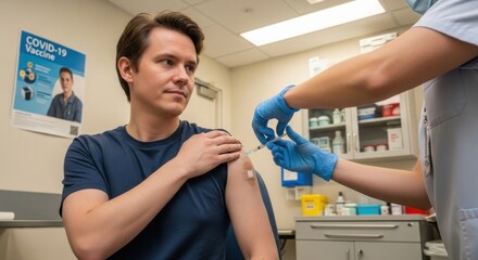 Young man receiving COVID-19 vaccine injection in clinic with nurse wearing gloves, healthcare immunization, vaccine safety, medical prevention against coronavirus infection, doctor patient care