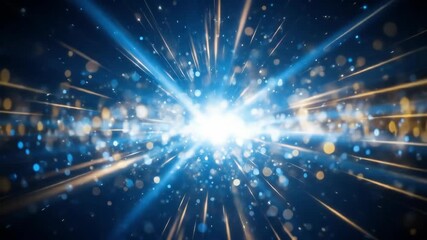 Vibrant blue and gold light burst with radiant streaks and glowing bokeh particles on dark - Powered by Adobe