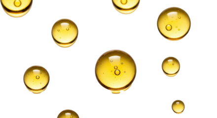 golden oil droplets of various sizes, floating on white background, skincare serum or vitamin oil concept, macro photography, minimal composition, clean bright lighting