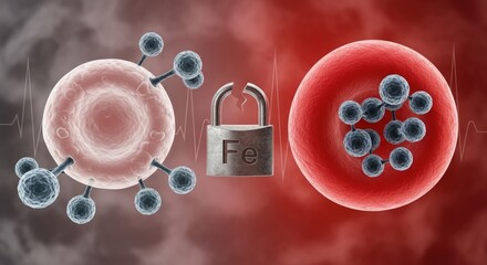 Anemia concept showing iron deficiency impacting red blood cells. A broken iron symbol padlock signifies unbound iron molecules, affecting red corpuscle function and oxygen delivery within the body.