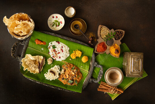 South Indian meal on banana leaf 