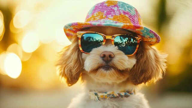 On a warm, sunny day, a stylish dog trendy sunglasses vibrant, colorful hat basks in the glorious sunshine, bringing smiles and spreading cheer to everyone around, making the moment even more joyful