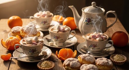 Fototapeta premium Hot chocolate cups with marshmallows and steam, alongside a teapot, mandarins, and pastry on a rustic wooden table for a cozy beverage break.