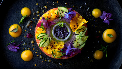 exquisite plated dish michelinstar presentation vibrant colors artistic food arrangement gourmet culinary art