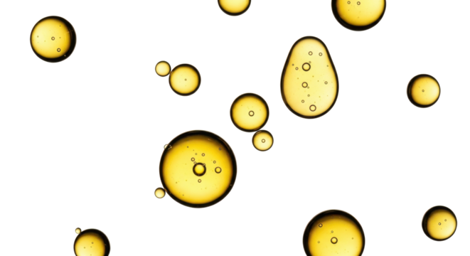 golden oil droplets of various sizes, floating on white background, skincare serum or vitamin oil concept, macro photography, minimal composition, clean bright lighting