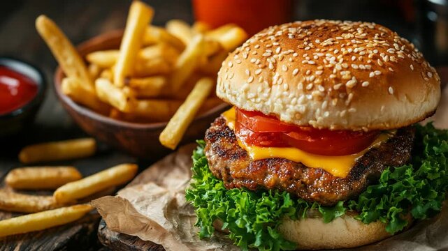 Enjoy a tasty burger topped with fresh lettuce, juicy tomatoes, and melted cheese, paired with crispy golden fries. Its the perfect quick meal for lunch or dinner any day ensuring satisfaction anytime