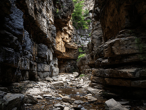 An underground natural cave landscape features a waterfall cascading over rock formations into a river below - Powered by Adobe
