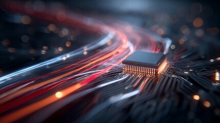 Microchip on a circuit board with glowing data streams representing advanced technology and data transfer ideal for illustrating innovation and connectivity