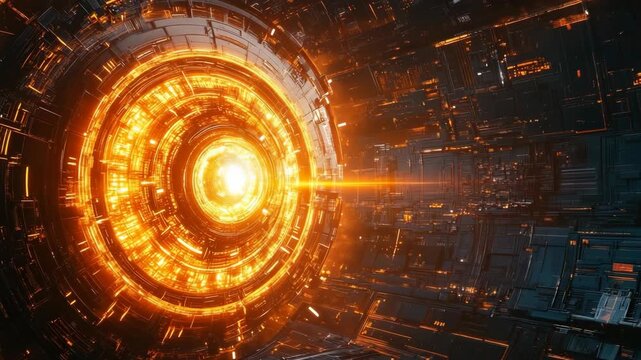 A futuristic glowing sci-fi sun core spins with circular light and technology pattern symbolizing innovation power progress artificial intelligence digital future cyberspace technology and imagination