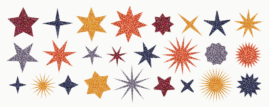 Glitter stickers in star shapes with sequin texture and sparkling shine. Vector disco confetti design in gold, rose gold, silver shades. Perfect for festive crafts, invitations, and Christmas decor.