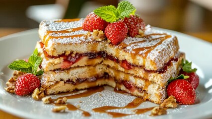 This stacked strawberry dessert, drizzled caramel and topped with fresh mint and walnuts, is a delightful treat that will wow guests at any special occasion, making it a musthave on your dessert menu