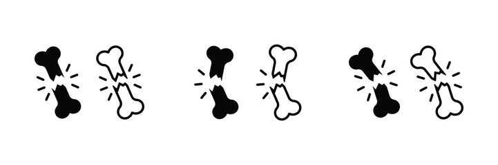 Broken bone icons. Fractured human bone icon. Crack or break bone symbol