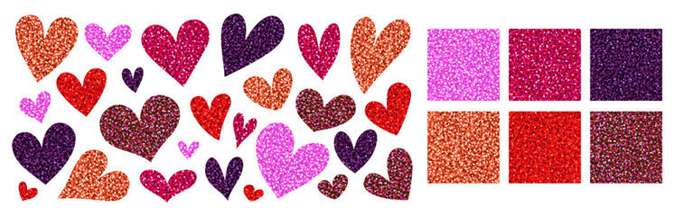 Glitter seamless patterns and stickers in shape of hearts. Sparkling vector sequin textures in pink, red, purple, and bronze, for Valentines cards, scrapbooking, festive decorations. Drag to swatches