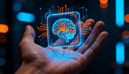 Open palm showing floating holographic AI chip with neural brain design, glowing blue and orange circuits, dark tech background with bokeh