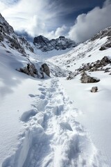 Deep fresh snow blankets a majestic winter mountain valley with steep rocky slopes. Winding footprints create a clear path leading towards distant frosted peaks under a dramatic cloudy sky.
