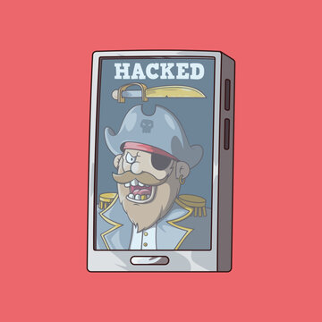 Pirate on Smartphone Screen vector illustration. Cyber Piracy design concept.