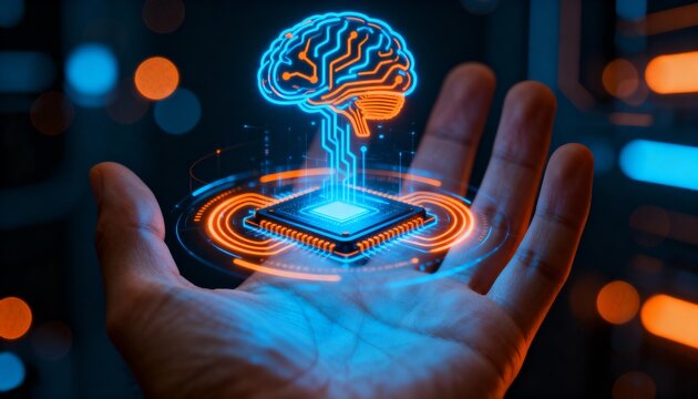 Open palm showing floating holographic AI chip with neural brain design, glowing blue and orange circuits, dark tech background with bokeh