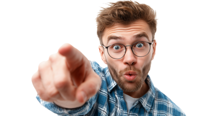 Surprised young man points at the camera while showcasing a playful expression indoors Generative AI
