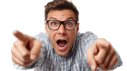 Excited man in glasses expressing enthusiasm while pointing with both hands in a bright, simple background Generative AI