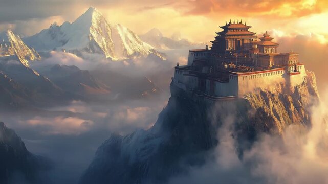 Peaceful Tibetan monastery standing tall on snow-covered Himalayan cliffs under clear blue sky surrounded by majestic mountain peaks and eternal clouds symbolizing harmony spirituality sacred serenity