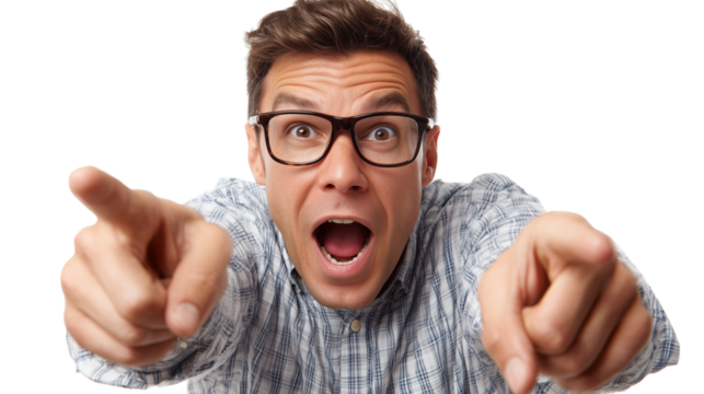 Excited man in glasses expressing enthusiasm while pointing with both hands in a bright, simple background Generative AI