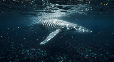 Underwater scene of a shark skeleton floating near the surface of the ocean.