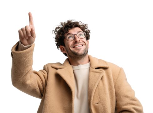 Smiling man in a tan coat pointing upwards with excitement in a bright, simple setting Generative AI