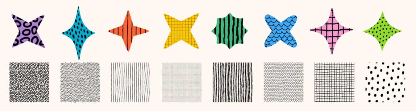 Abstract colorful shapes with dots, stripes, waves and grid textures and seamless black and white patterns. Pattern set in playful crayon style. Perfect for fabric, packaging. Drag to swatches panel.