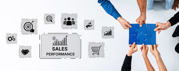 Team members engage in collaborative strategy development for enhancing sales performance, surrounded by growth symbols and puzzle pieces, signifying teamwork and partnership. Trope
