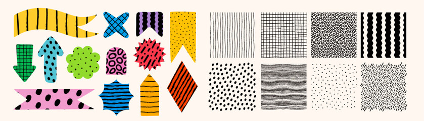 Abstract seamless pattern set with vector shapes and colorful arrows, ribbons, stars and blobs. Patterns with hand drawn crayon texture for fabric, wallpaper, wrapping. Drag to swatches panel.