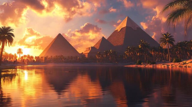 Egyptian pyramids at sunset surrounded by palm trees and river reflection, golden light glowing over desert landscape, symbol ancient civilization history world wonder cultural heritage travel tourism