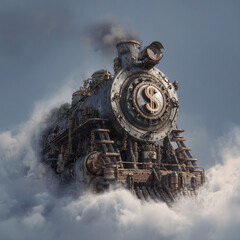 Surreal Locomotive Adventure: Vintage Steam Train in Cloud-Embraced Financial Fantasy with Dollar Symbol Design