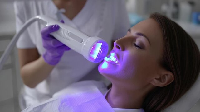 Dentist uses a blue LED curing light inside a patient&rsquo;s mouth during a dental procedure.