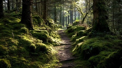 Obraz premium Sunlit forest path covered in moss a tranquil scene perfect for nature and outdoor themes