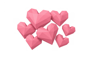 Pink low poly hearts floating on transparent background symbolizing love, romance, valentines day and passion