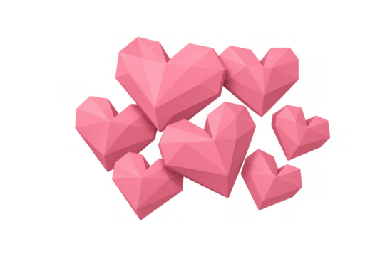 Pink low poly hearts floating on transparent background symbolizing love, romance, valentines day and passion