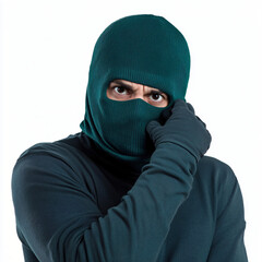 Masked Robber: Stealthy Nighttime Heist with Dark Clothing on White Background