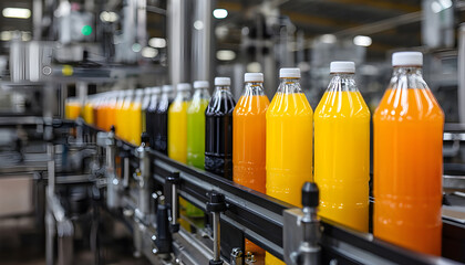 Modern production line for bottling and packaging natural juices and drinks. Concept of an industrial juice bottling plant, conveyor with juice.