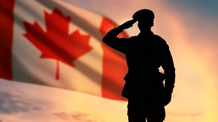 Saluting the Canadian flag during sunset, honoring national pride and military service in a touching tribute to those who serve their country - Powered by Adobe